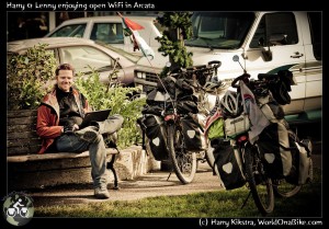 Harry uses free WiFi to update his blog WorldOnaBike.com, from Alaska to Ushuaia on a bicycle.
